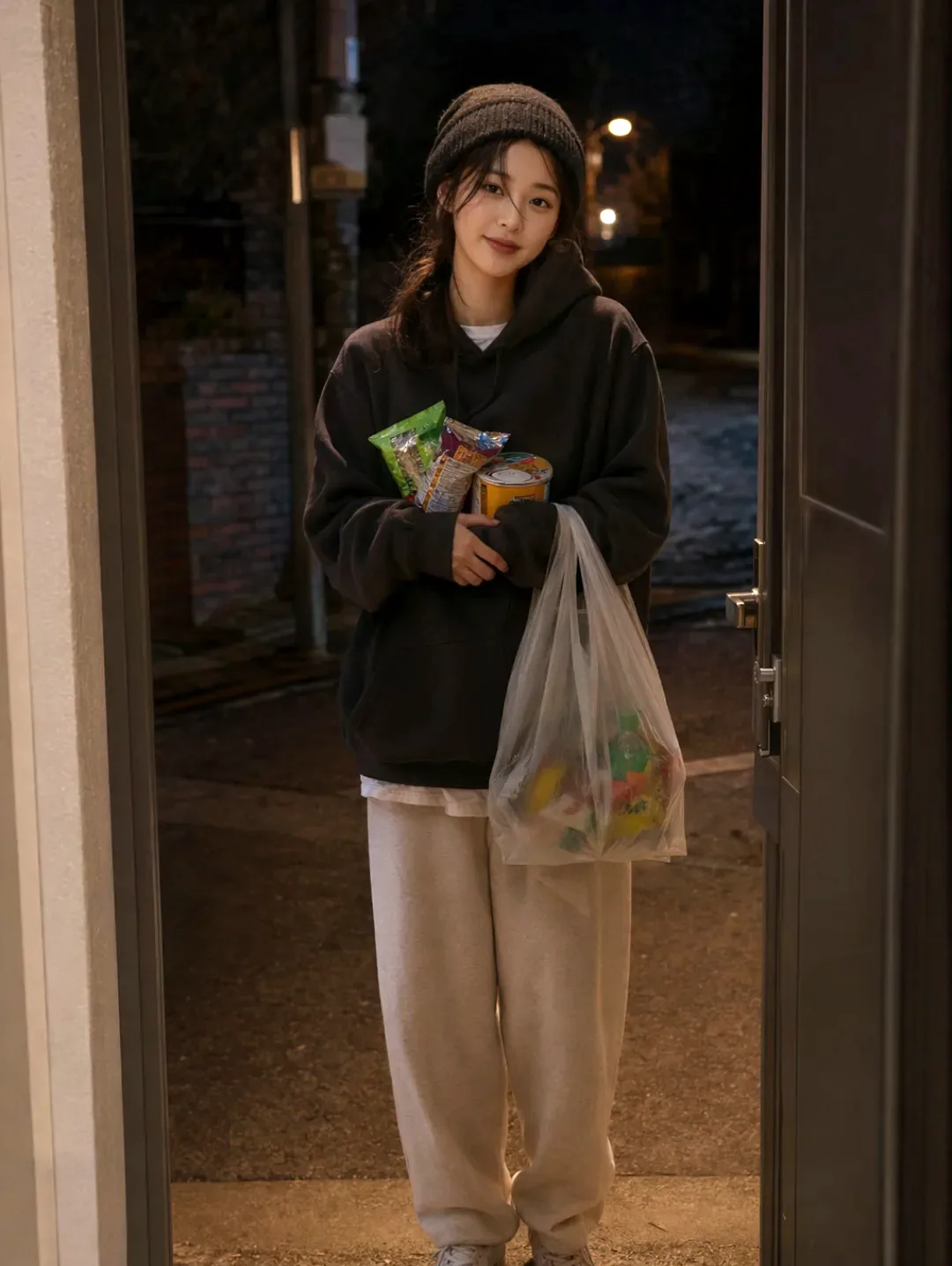 A woman in a knitted hat carrying groceries through a city street